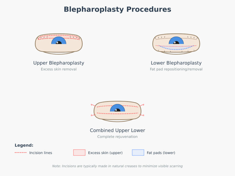 A diagram illustrating the different eyelid surgery procedures, including upper and lower blepharoplasty